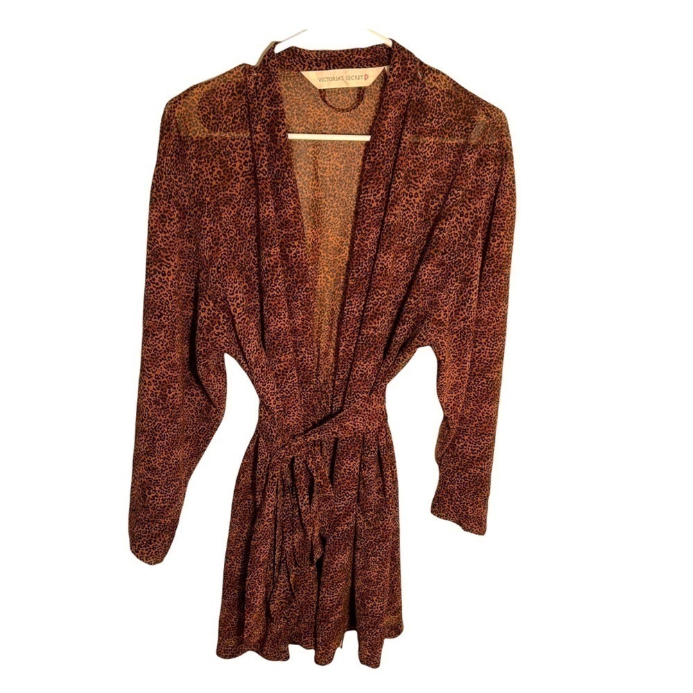 Victoria's Secret Women's One Size Sheer Robe Animal Print Pockets Belted Tan